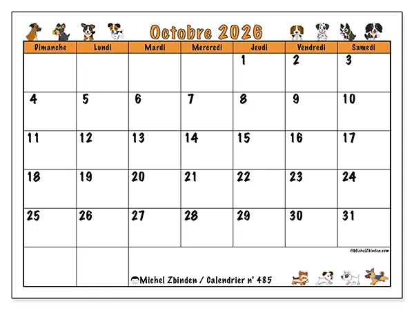 Calendrier octobre 2026 à imprimer - Chiens enthousiastes - Semaine du dimanche au samedi