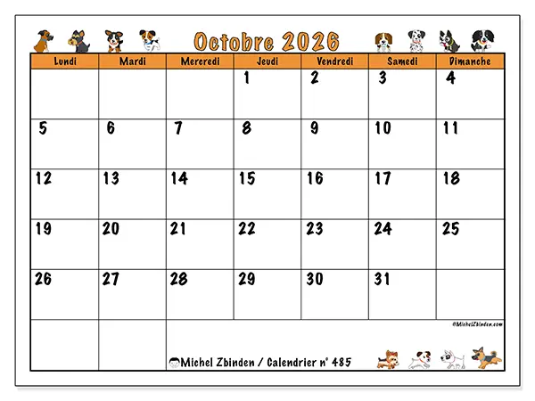 Calendrier octobre 2026 à imprimer - Chiens enthousiastes