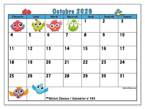 Calendrier octobre 2026 à imprimer - Oiseaux amusants - Semaine du dimanche au samedi