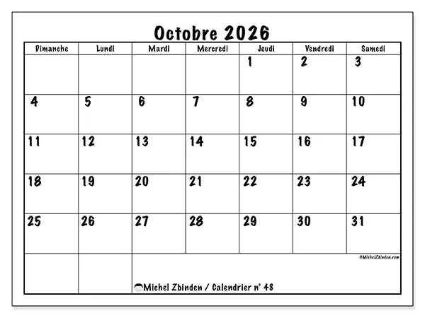 Calendrier octobre 2026 à imprimer - Efficacité quotidienne - Semaine du dimanche au samedi