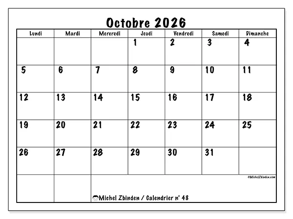 Calendrier octobre 2026 à imprimer - Efficacité quotidienne