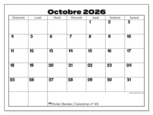Calendrier octobre 2026 à imprimer - Coordination productive - Semaine du dimanche au samedi