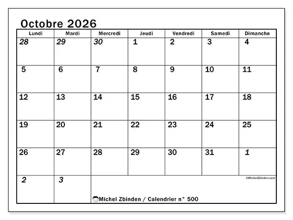 Calendrier octobre 2026 à imprimer - Planning intensif