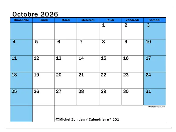 Calendrier octobre 2026 à imprimer - Études dynamiques - Semaine du dimanche au samedi