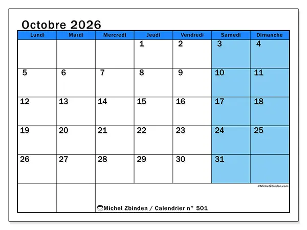 Calendrier octobre 2026 à imprimer - Études dynamiques