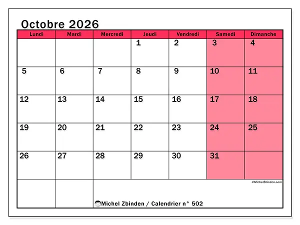 Calendrier octobre 2026 à imprimer - Gestion lumineuse