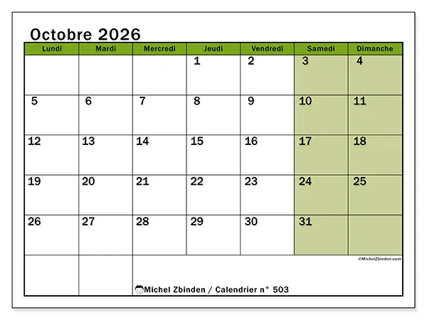 Calendrier octobre 2026 à imprimer - Organisation vivante
