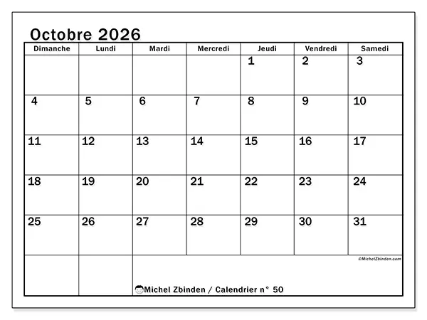 Calendrier octobre 2026 à imprimer - Planification optimale - Semaine du dimanche au samedi