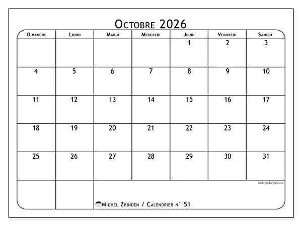 Calendrier octobre 2026 à imprimer - Programme des repas - Semaine du dimanche au samedi