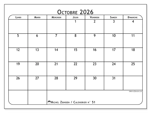 Calendrier octobre 2026 à imprimer - Programme des repas