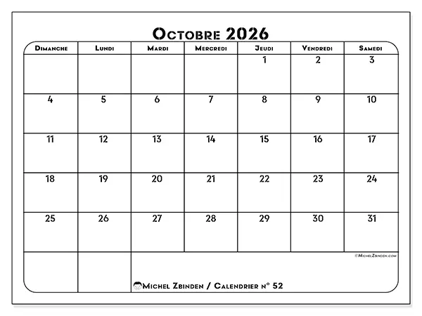 Calendrier octobre 2026 à imprimer - Organisation professionnelle - Semaine du dimanche au samedi