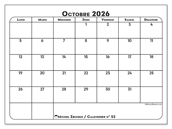 Calendrier octobre 2026 à imprimer - Organisation professionnelle