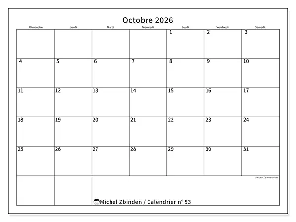 Calendrier octobre 2026 à imprimer - Horaire efficace - Semaine du dimanche au samedi