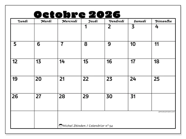 Calendrier octobre 2026 à imprimer - Activités en famille