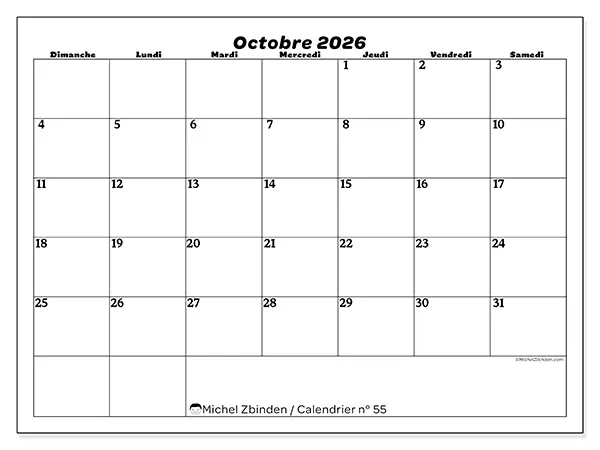 Calendrier octobre 2026 à imprimer - Organisation des loisirs - Semaine du dimanche au samedi