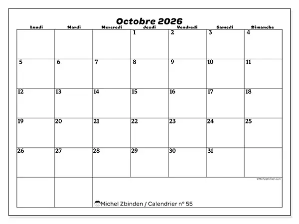 Calendrier octobre 2026 à imprimer - Organisation des loisirs