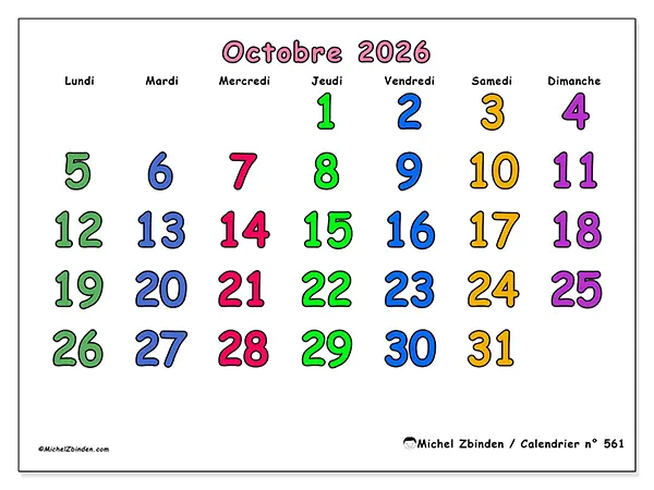 Calendrier octobre 2026 à imprimer - Moments créatifs