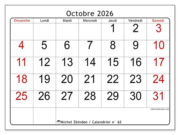 Calendrier octobre 2026 à imprimer - Lecture rapide - Semaine du dimanche au samedi