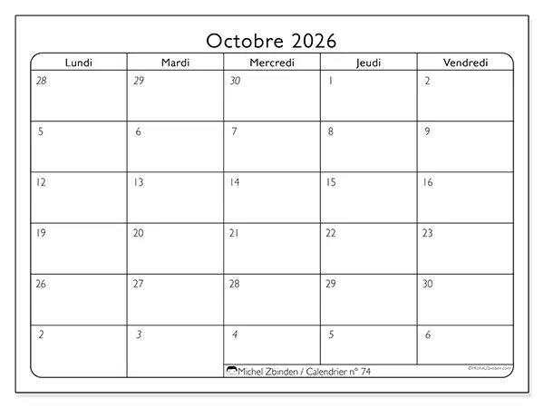 Calendrier octobre 2026 à imprimer - Organisation du travail