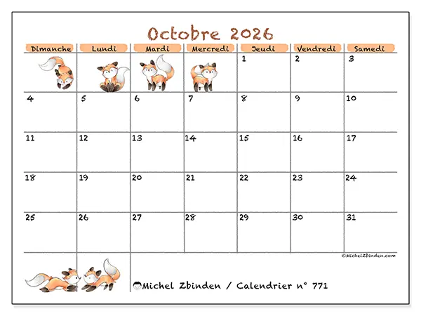 Calendrier octobre 2026 à imprimer - Dessins de renards - Semaine du dimanche au samedi