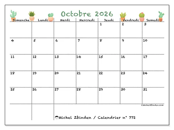 Calendrier octobre 2026 à imprimer - Cactus décoratifs - Semaine du dimanche au samedi