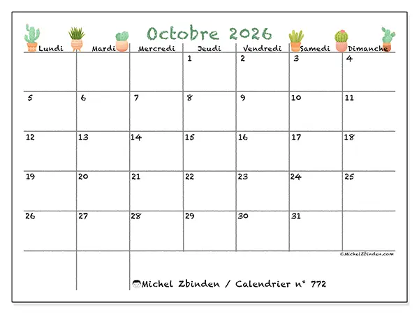 Calendrier octobre 2026 à imprimer - Cactus décoratifs