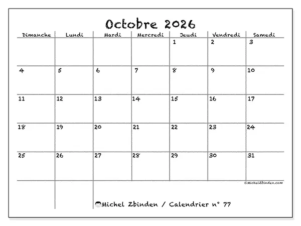 Calendrier octobre 2026 à imprimer - École et famille - Semaine du dimanche au samedi