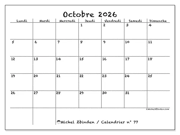 Calendrier octobre 2026 à imprimer - École et famille