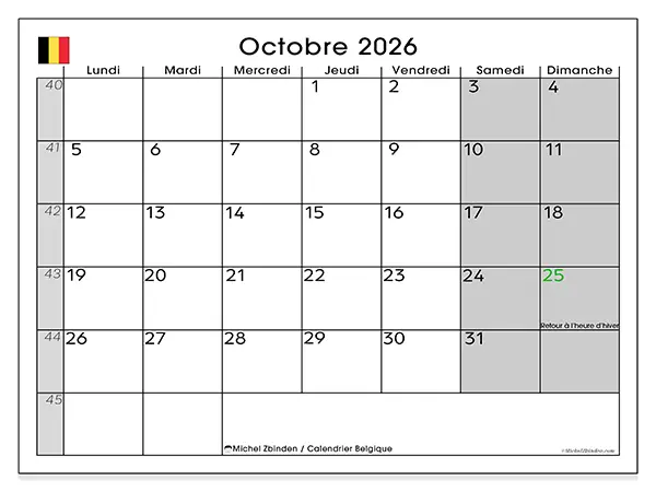 Calendrier octobre 2026 à imprimer - Belgique