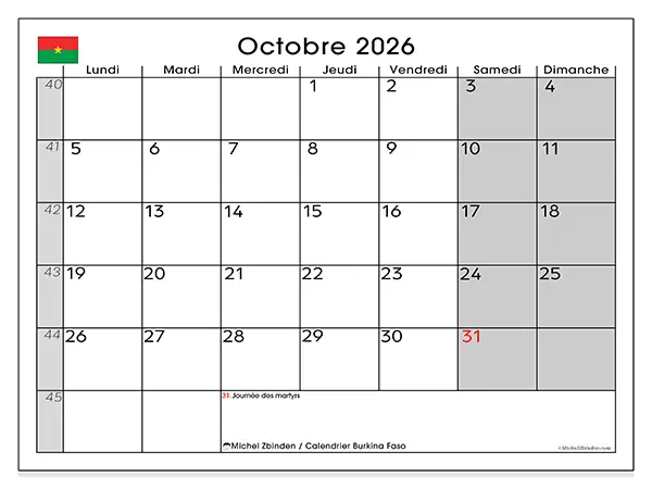 Calendrier octobre 2026 à imprimer - Burkina Faso