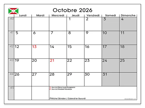 Calendrier octobre 2026 à imprimer - Burundi