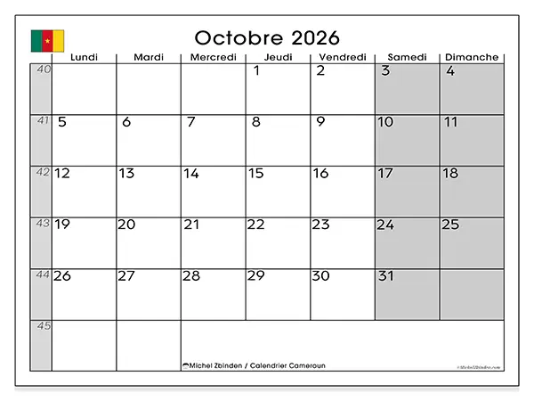 Calendrier octobre 2026 à imprimer - Cameroun