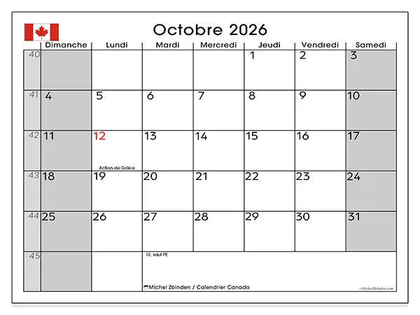 Calendrier octobre 2026 à imprimer - Canada
