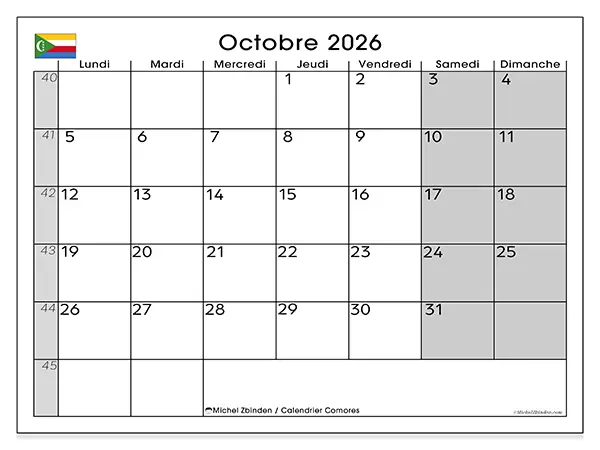 Calendrier octobre 2026 à imprimer - Comores