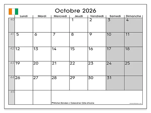 Calendrier octobre 2026 à imprimer - Côte d’Ivoire