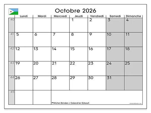 Calendrier octobre 2026 à imprimer - Djibouti