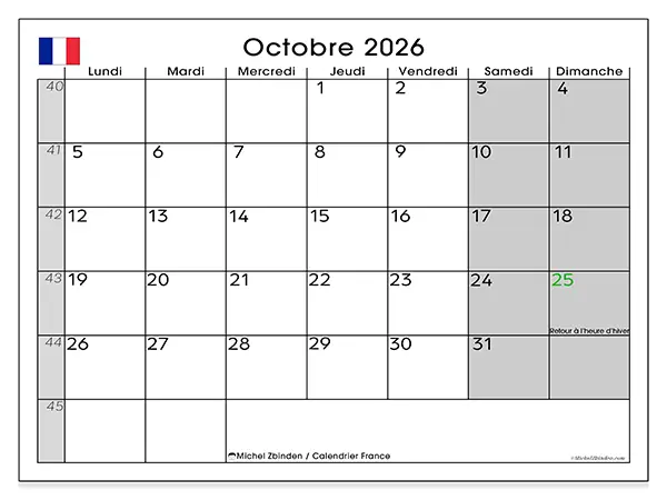 Calendrier octobre 2026 à imprimer - France