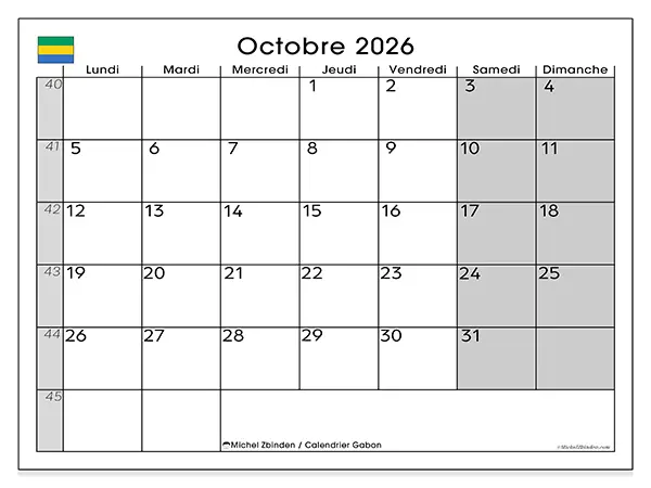 Calendrier octobre 2026 à imprimer - Gabon