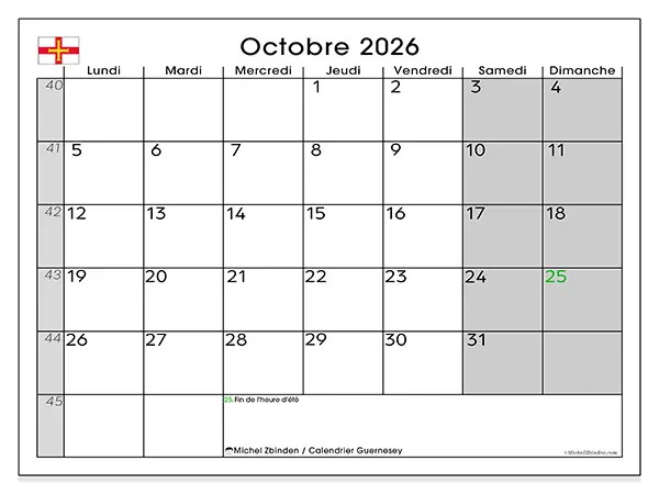Calendrier octobre 2026 à imprimer - Guernesey