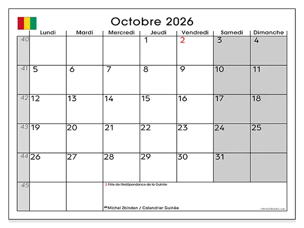 Calendrier octobre 2026 à imprimer - Guinée