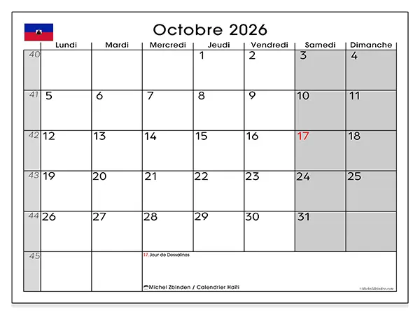 Calendrier octobre 2026 à imprimer - Haïti