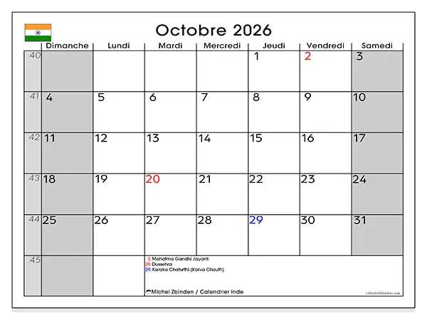 Calendrier octobre 2026 à imprimer - Inde