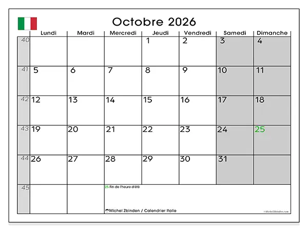 Calendrier octobre 2026 à imprimer - Italie