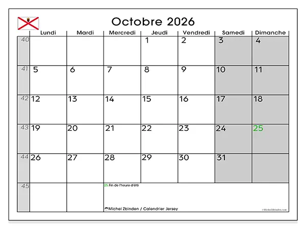 Calendrier octobre 2026 à imprimer - Jersey