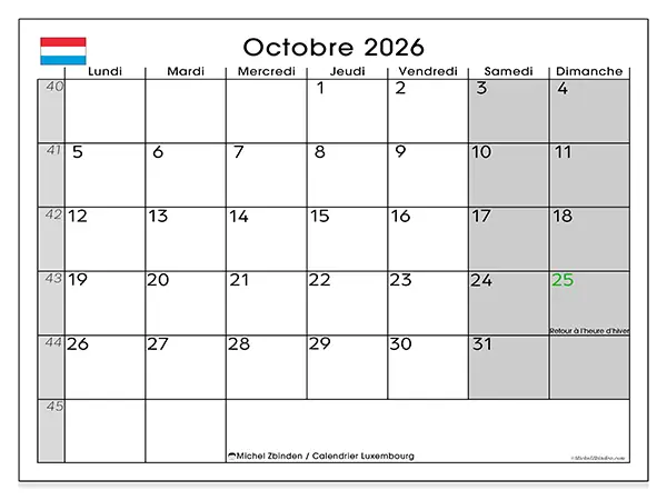 Calendrier octobre 2026 à imprimer - Luxembourg