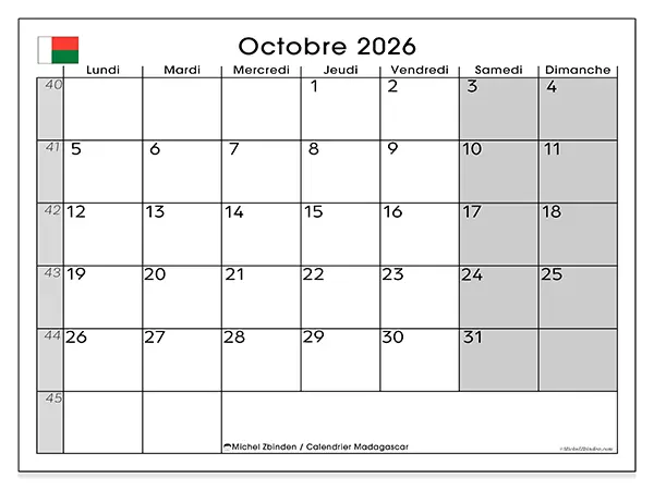 Calendrier octobre 2026 à imprimer - Madagascar