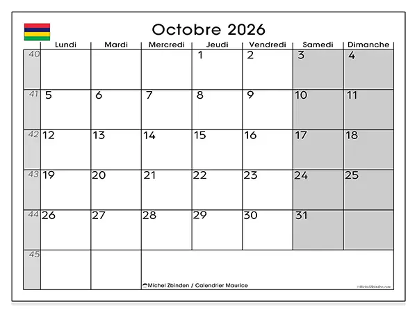 Calendrier octobre 2026 à imprimer - Maurice