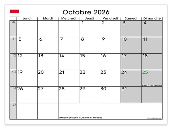 Calendrier octobre 2026 à imprimer - Monaco