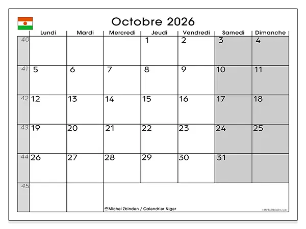Calendrier octobre 2026 à imprimer - Niger