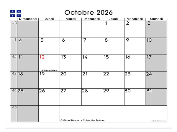 Calendrier octobre 2026 à imprimer - Québec